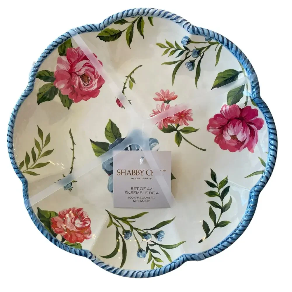 NEW Shabby Chic Floral Melamine Dinner Plates 11in Set of 4 Spring Blue Border
